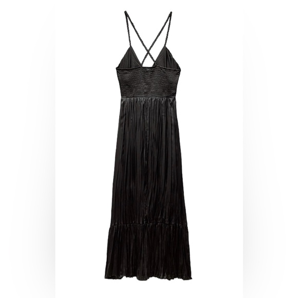 ZARA New Black Open Back Slip Satin Effect Dress WOMEN'S Deep V-neck XS Midi - Picture 7 of 8